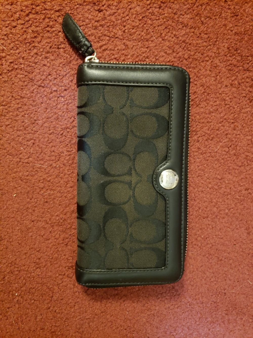 Coach Black Signature Zip-Around Wallet with Silver Accent 8" X 4"